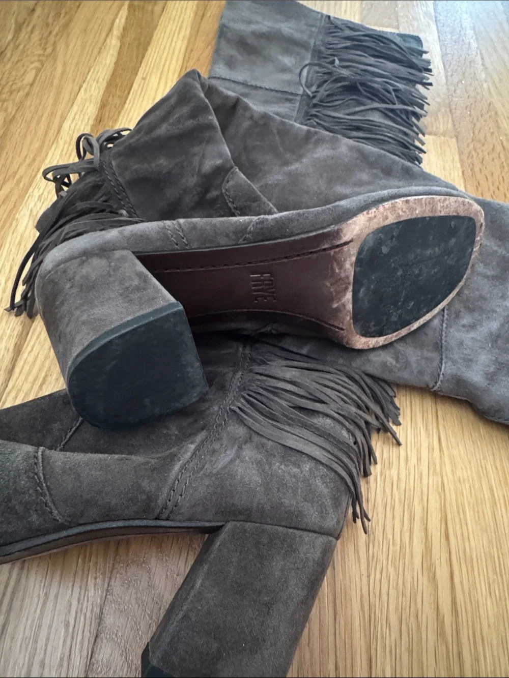 Frye Dark Gray Suede Over-the-Knee Fringe Boots